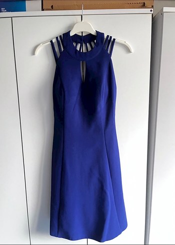 Parlak Lacivert Uzun Askılı Abiye Elbise - Görsel 3