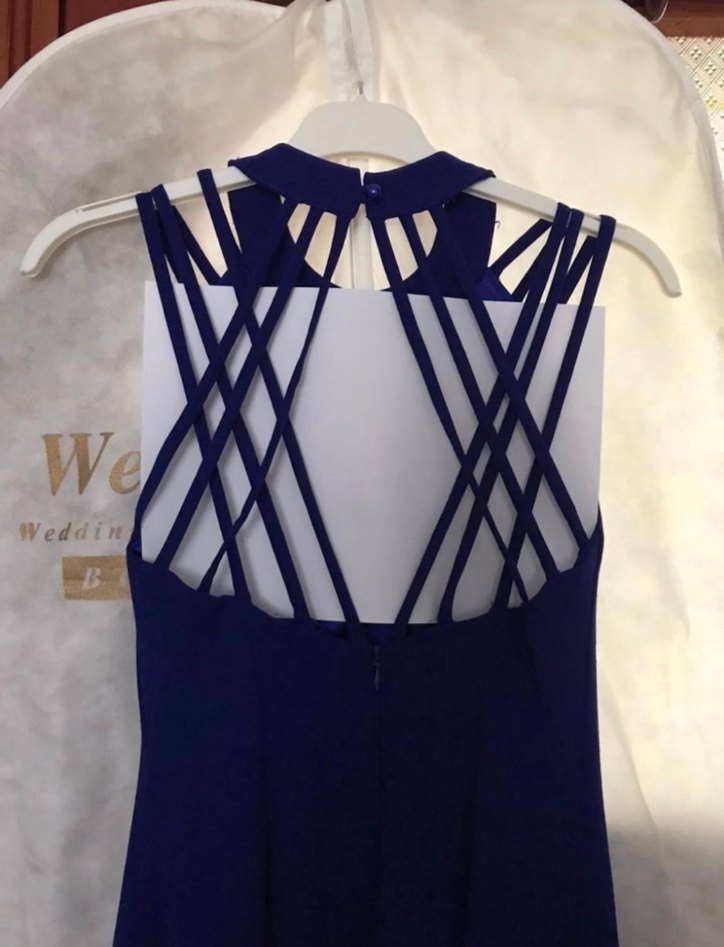 Parlak Lacivert Uzun Askılı Abiye Elbise - Görsel 5