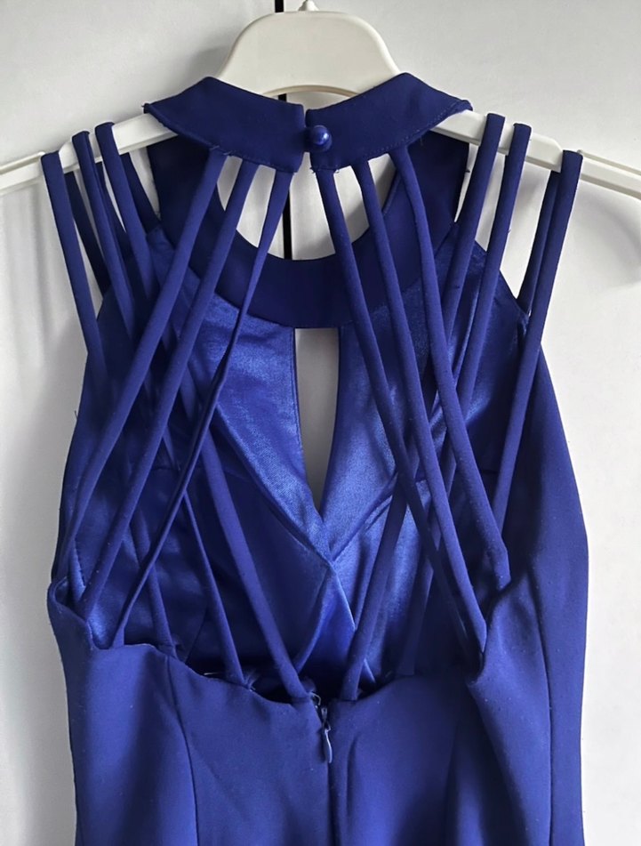 Parlak Lacivert Uzun Askılı Abiye Elbise - Görsel 2