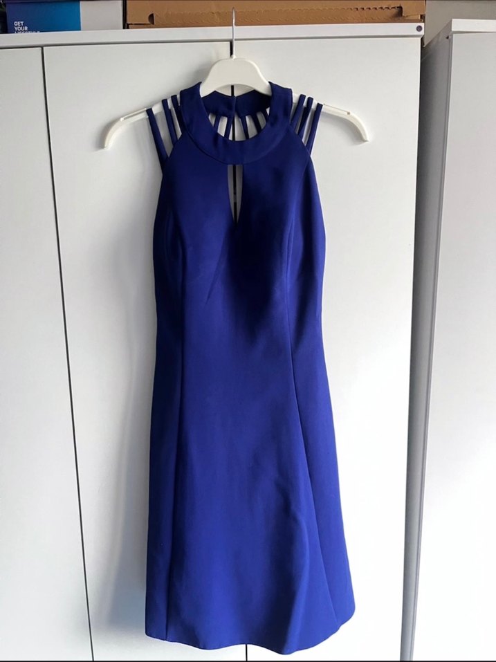 Parlak Lacivert Uzun Askılı Abiye Elbise - Görsel 3