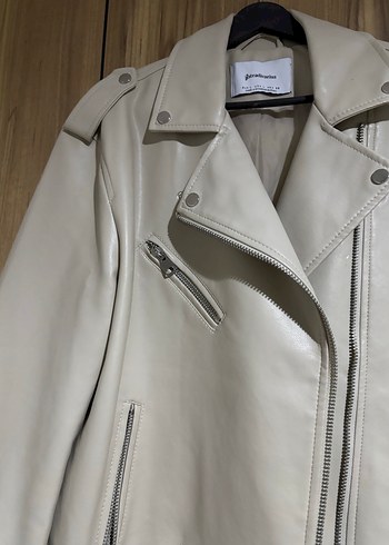 Bej Kadın Deri Ceket - Midi Boy, Fermuarlı - Görsel 3