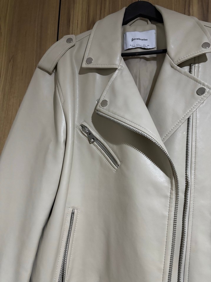 Bej Kadın Deri Ceket - Midi Boy, Fermuarlı - Görsel 3