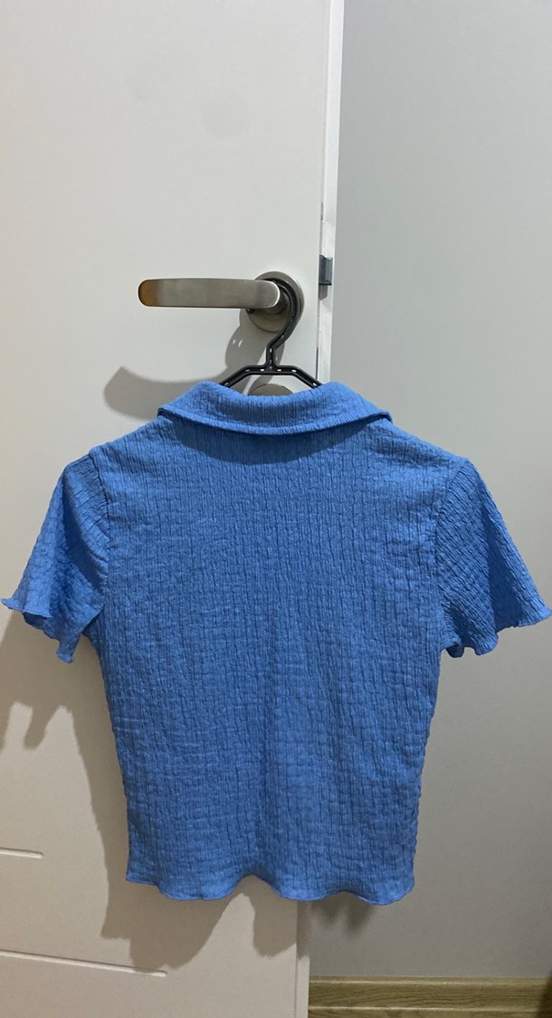 Mavi Kısa Kollu Keten Gömlek - Görsel 2