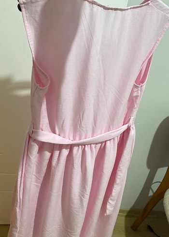 Pembe Keten Midi V Yaka Kolsuz Elbise - Görsel 3