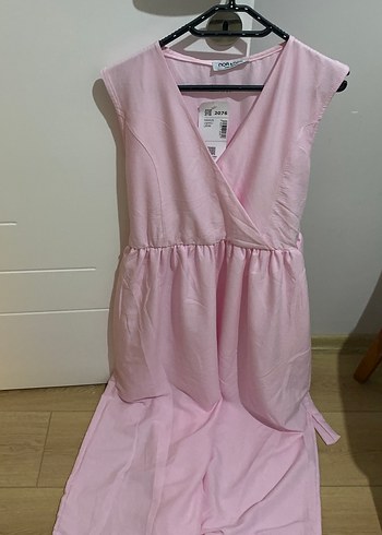 Pembe Keten Midi V Yaka Kolsuz Elbise - Görsel 2