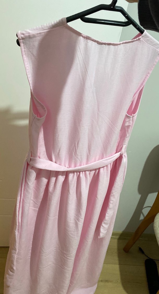 Pembe Keten Midi V Yaka Kolsuz Elbise - Görsel 3