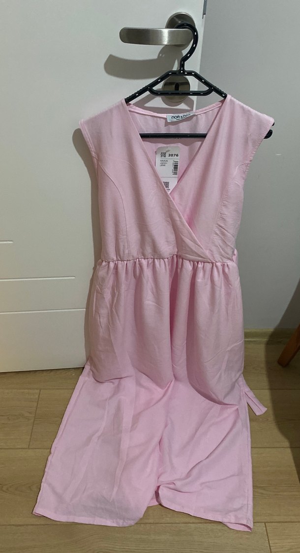 Pembe Keten Midi V Yaka Kolsuz Elbise - Görsel 2