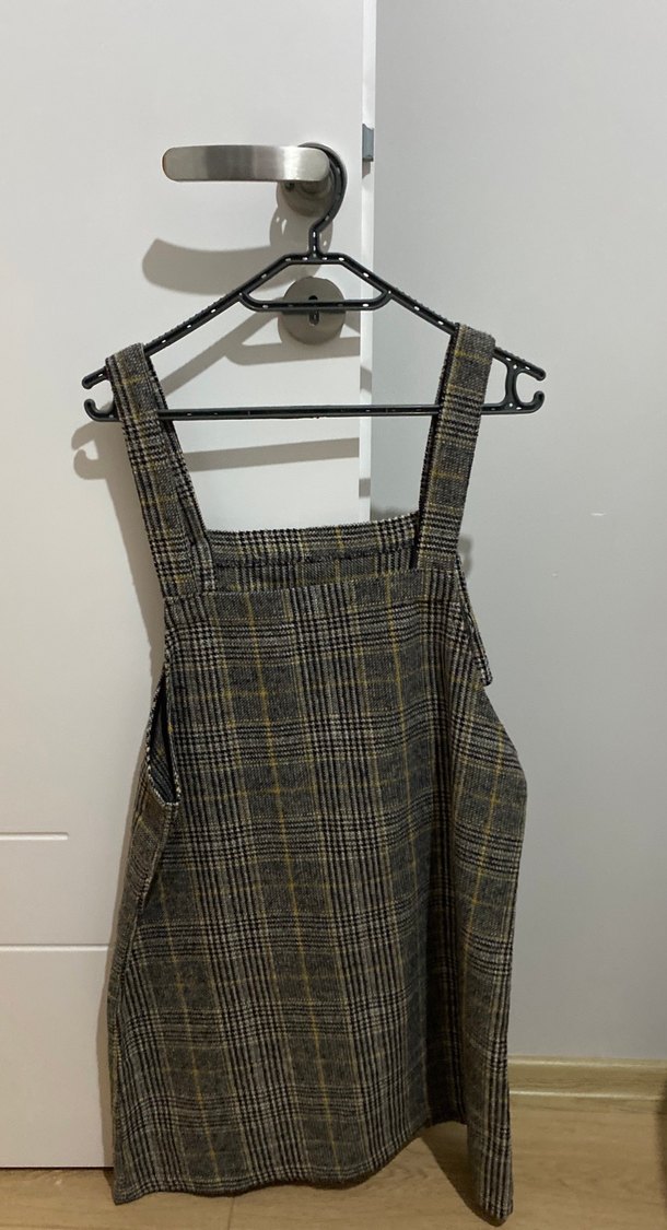 Düğmeli Gri Kareli Kadın Tulum - Görsel 2