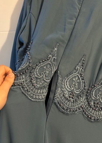 Nakışlı Uzun Kollu Mavi Vintage Abiye Elbise - Görsel 2