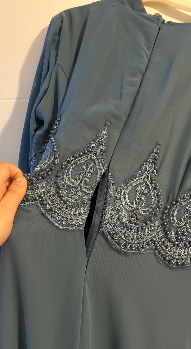 Nakışlı Uzun Kollu Mavi Vintage Abiye Elbise - Görsel 2