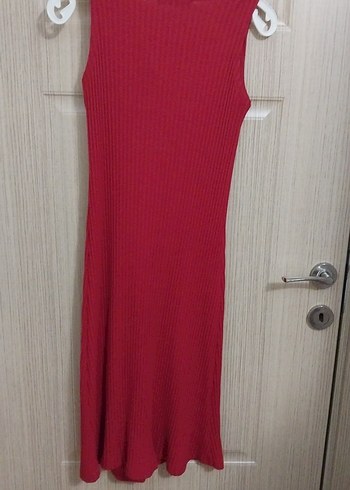 Düğmeli Kırmızı Uzun Triko Elbise - Görsel 2