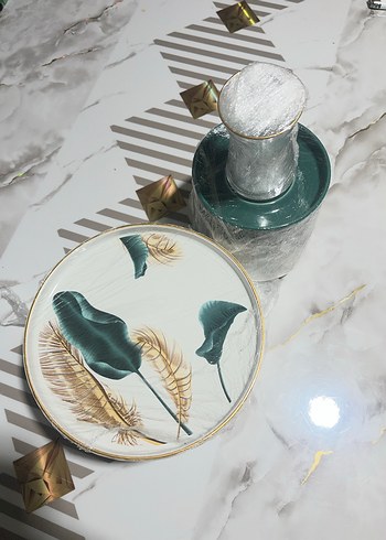 Beyaz yeşil ve altın sarısı Desenli Tabak ve Bardak tatlı servis - Görsel 3