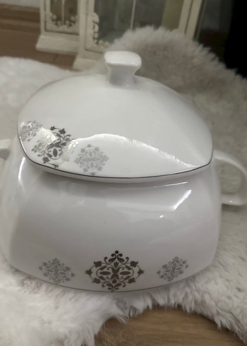 Gri Nakışlı Beyaz Kapaklı Porselen Güveç - Görsel 2