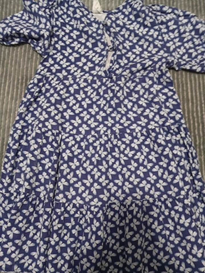 Kız Çocuk Mavi Çiçekli V Yakalı elbise - Görsel 2