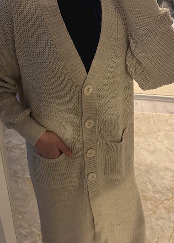 Bej, Uzun, Örgü Kadın Hırka - Görsel 5