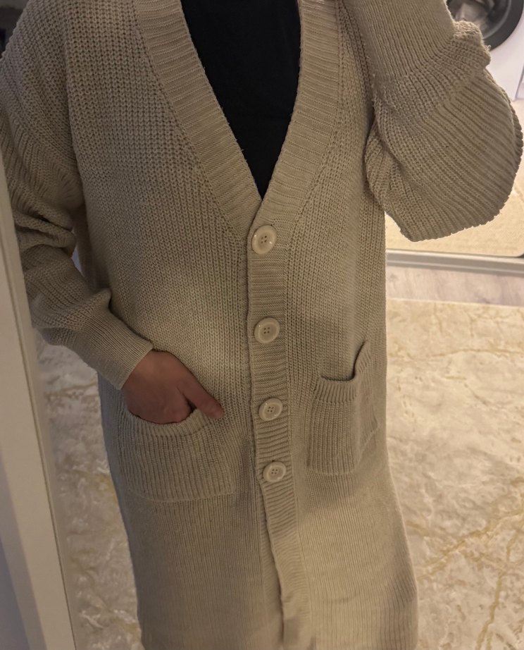 Bej, Uzun, Örgü Kadın Hırka - Görsel 5