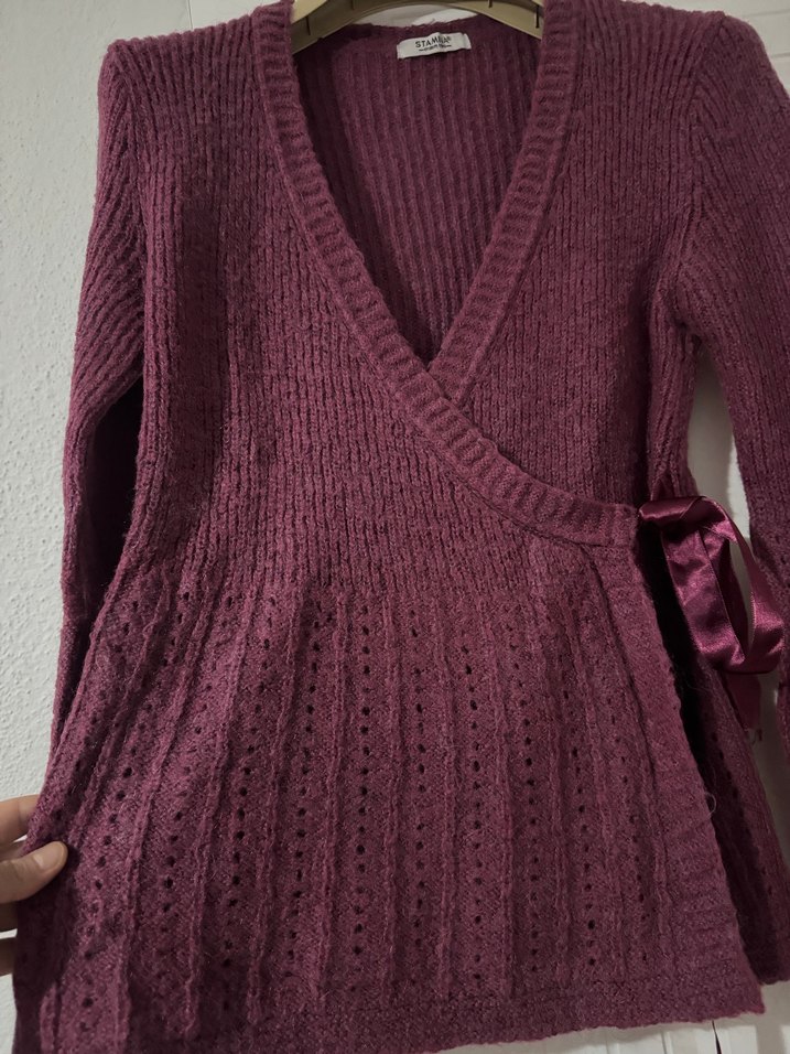 Bordo Örgü Hamile Hırka V Yaka - Görsel 4