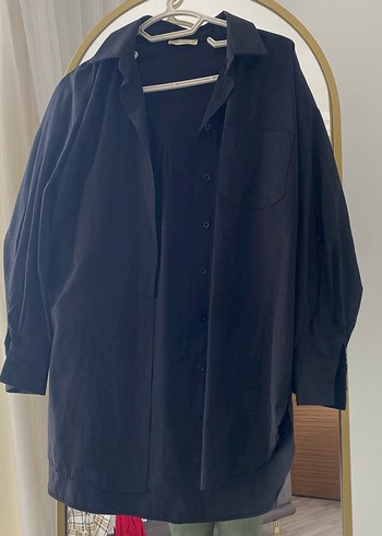 Siyah Keten Düğmeli Uzun Kollu Gömlek - Görsel 2