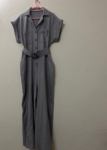 Gri Kemerli Kadın Keten Tulum - Görsel 3