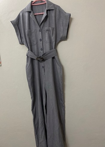 Gri Kemerli Kadın Keten Tulum - Görsel 2