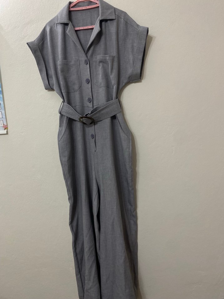 Gri Kemerli Kadın Keten Tulum - Görsel 2