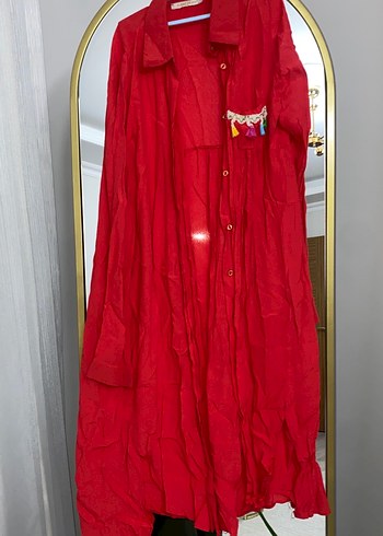 Düğmeli Kırmızı Uzun Tunik - Görsel 2
