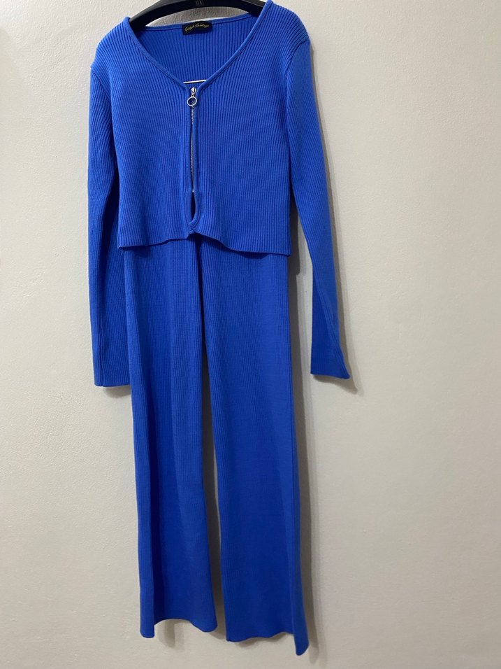 Mavi Uzun Kollu Fermuarlı Triko takım - Görsel 2