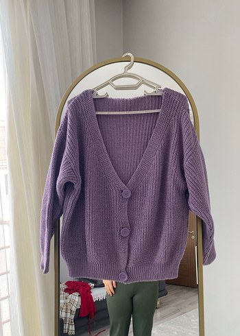 Mor V Yaka Örgü Salaş Hırka - Görsel 2