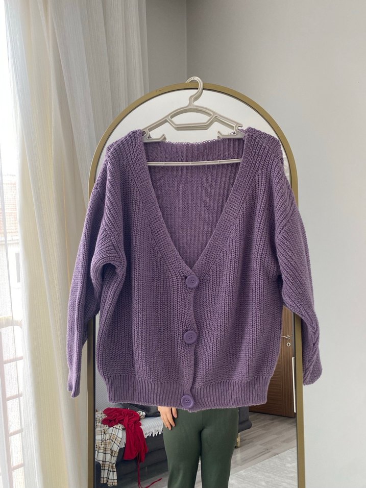 Mor V Yaka Örgü Salaş Hırka - Görsel 2
