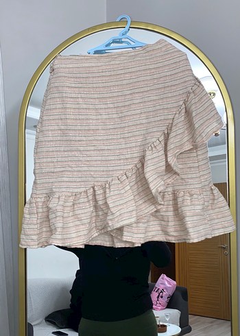 Bej Fırfırlı Midi Keten Etek - Görsel 3