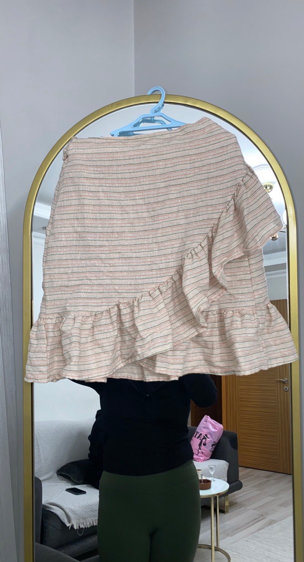 Bej Fırfırlı Midi Keten Etek - Görsel 3