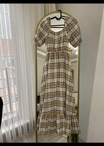 Bej Ekoseli Mini Kadın Elbise - Görsel 2