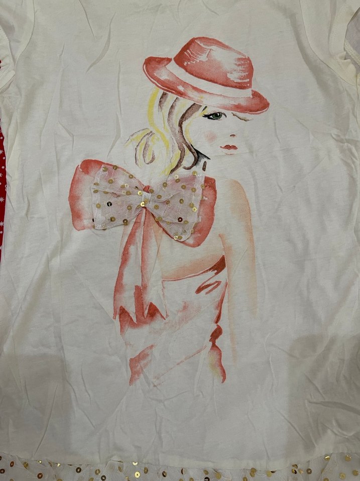 Kız Çocuk Beyaz Dantel Detaylı Baskılı Tişört - Görsel 3