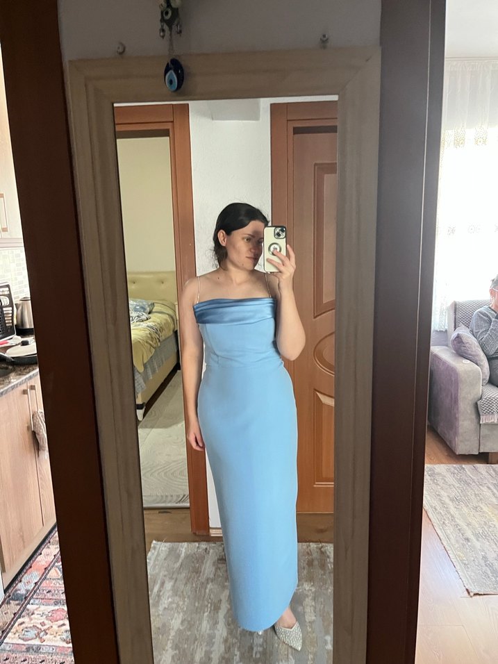 Mavi Drapeli Uzun Abiye Elbise - Görsel 3