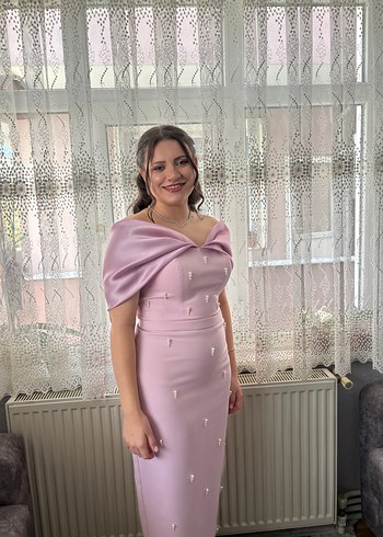 Pudra Pembe Drapeli Midi Abiye Elbise - Görsel 4