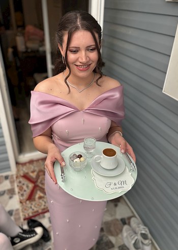 Pudra Pembe Drapeli Midi Abiye Elbise - Görsel 3