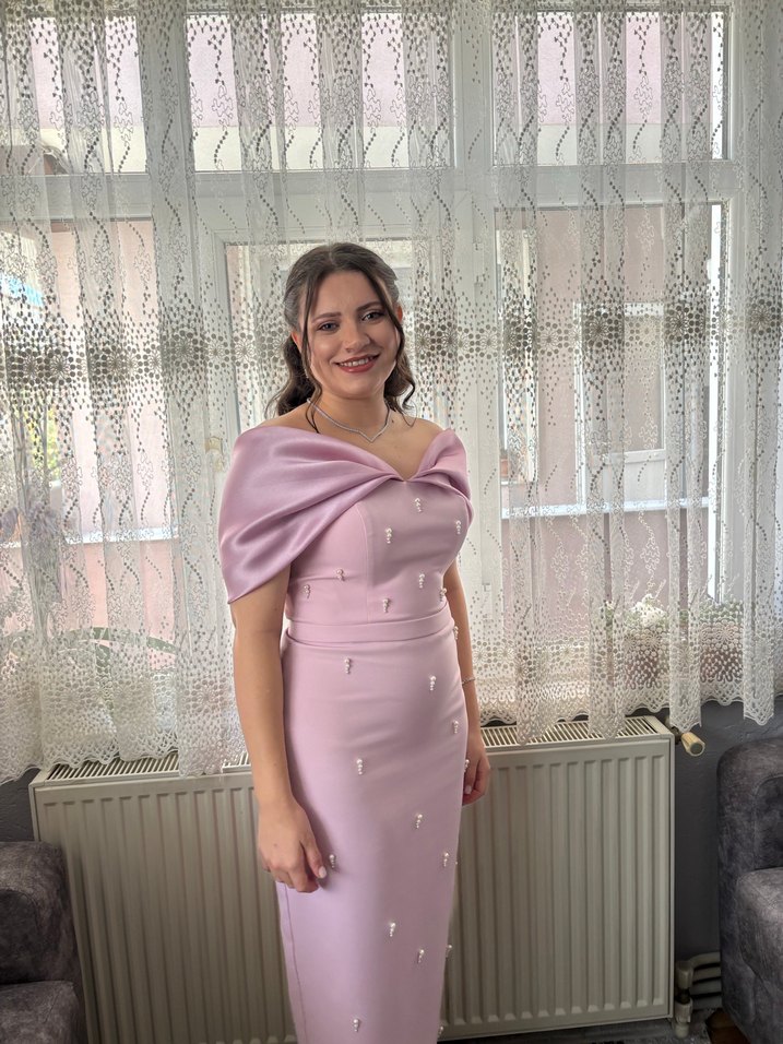 Pudra Pembe Drapeli Midi Abiye Elbise - Görsel 4