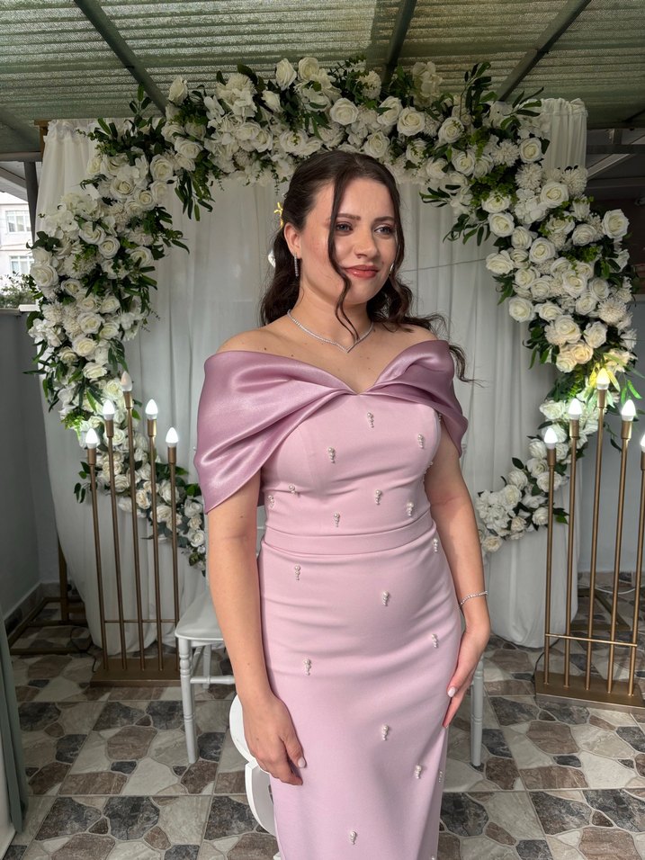 Pudra Pembe Drapeli Midi Abiye Elbise - Görsel 2