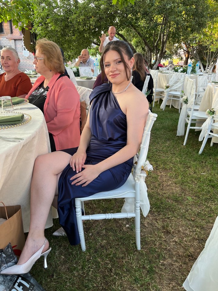 Mavi Drapeli Straplez Midi Abiye Elbise - Görsel 2