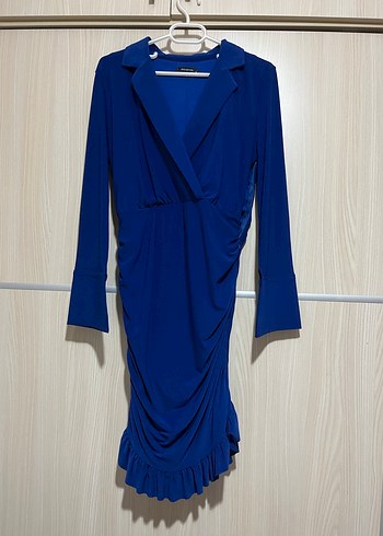 Uzun Kollu V Yakalı Mavi Drapeli Elbise - Görsel 2