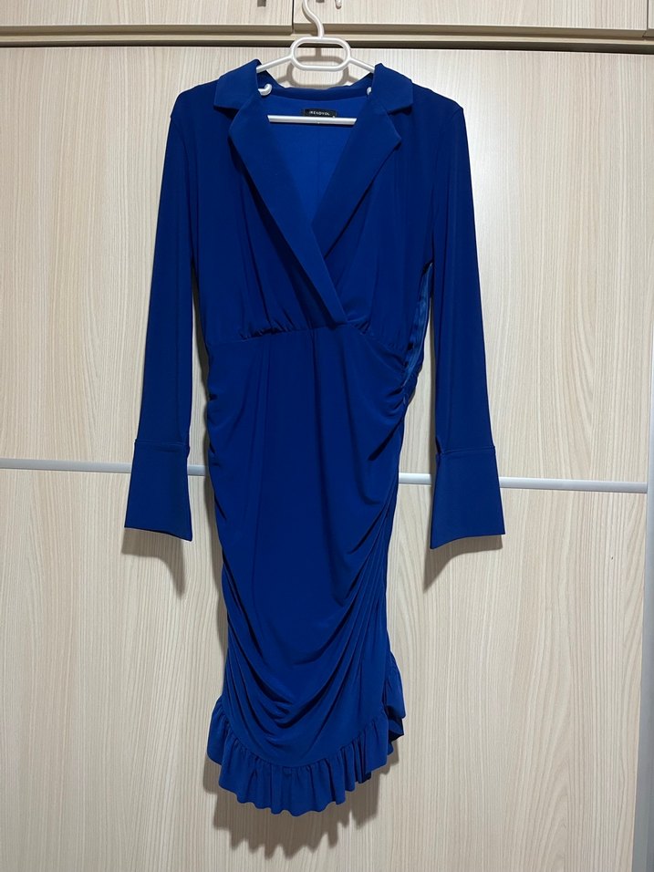 Uzun Kollu V Yakalı Mavi Drapeli Elbise - Görsel 2