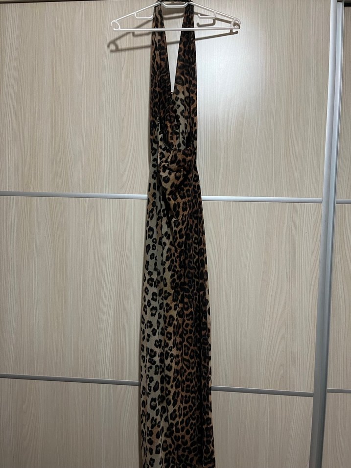 Leopar Desenli Uzun Drapeli Elbise - Görsel 2