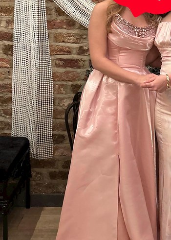 Pembe Straplez taşlı Drapeli Uzun Abiye Elbise - Görsel 2