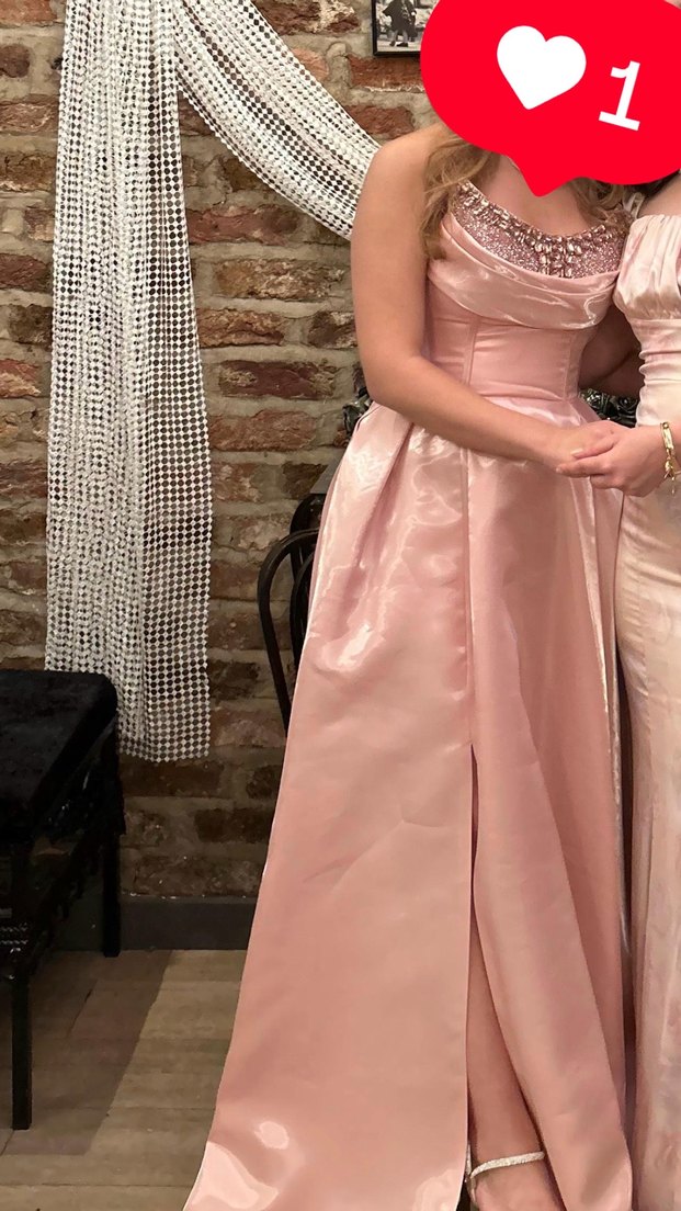 Pembe Straplez taşlı Drapeli Uzun Abiye Elbise - Görsel 2