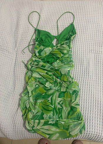 Yeşil Desenli Drapeli İp Askılı Mini Elbise - Görsel 2