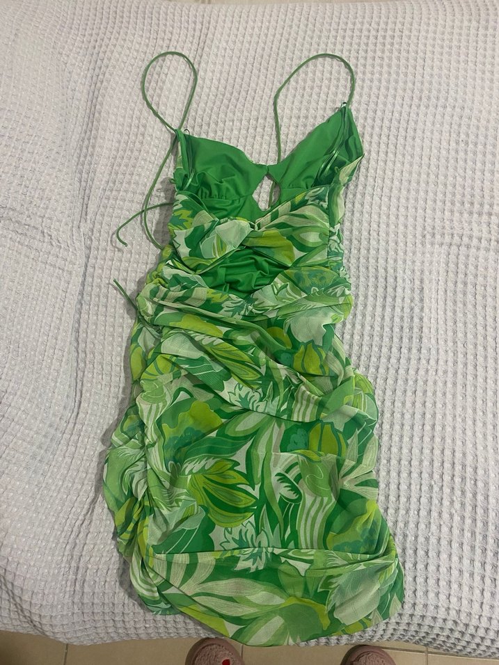 Yeşil Desenli Drapeli İp Askılı Mini Elbise - Görsel 2