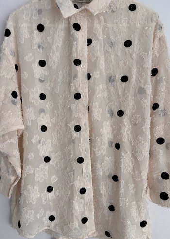 Bej Puantiyeli Uzun Kollu Keten Gömlek - Görsel 2