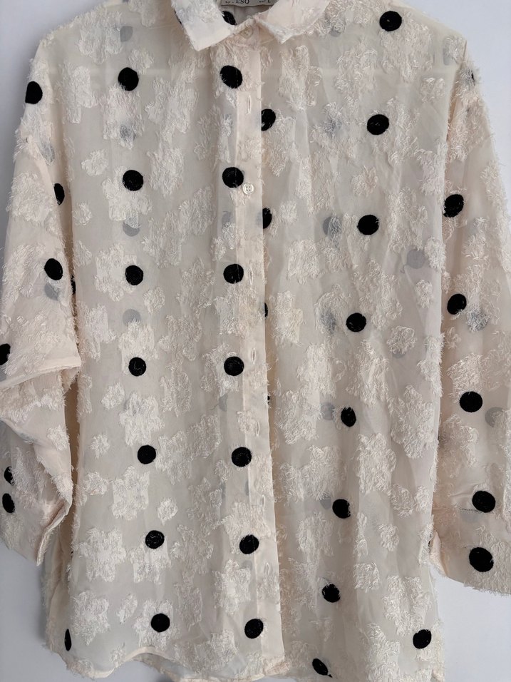 Bej Puantiyeli Uzun Kollu Keten Gömlek - Görsel 2