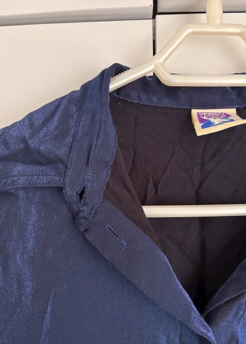 Düğmeli Lacivert Keten Gömlek - Görsel 2