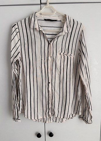 Zara Çizgili Beyaz Gri Keten Gömlek - Görsel 2